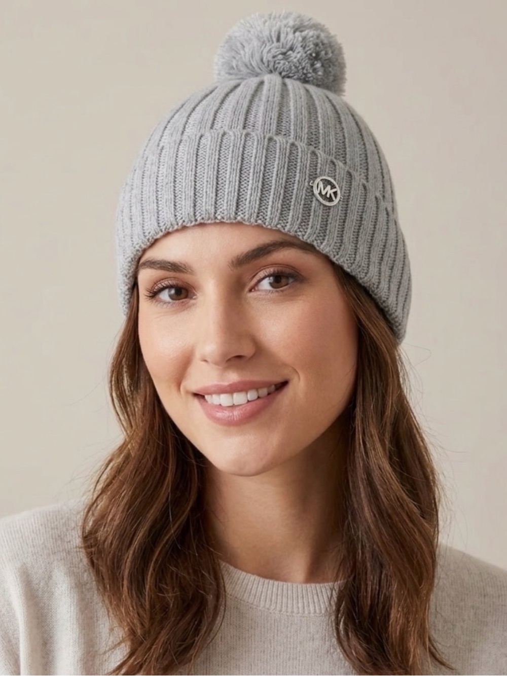 Michael Kors Gray Knit Pom-Pom Beanie
